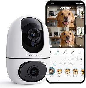 VIRTAVO Pet Camera Indoor for Dogs & Cats, 360° PTZ Pet Monitor with Motion Tracking,